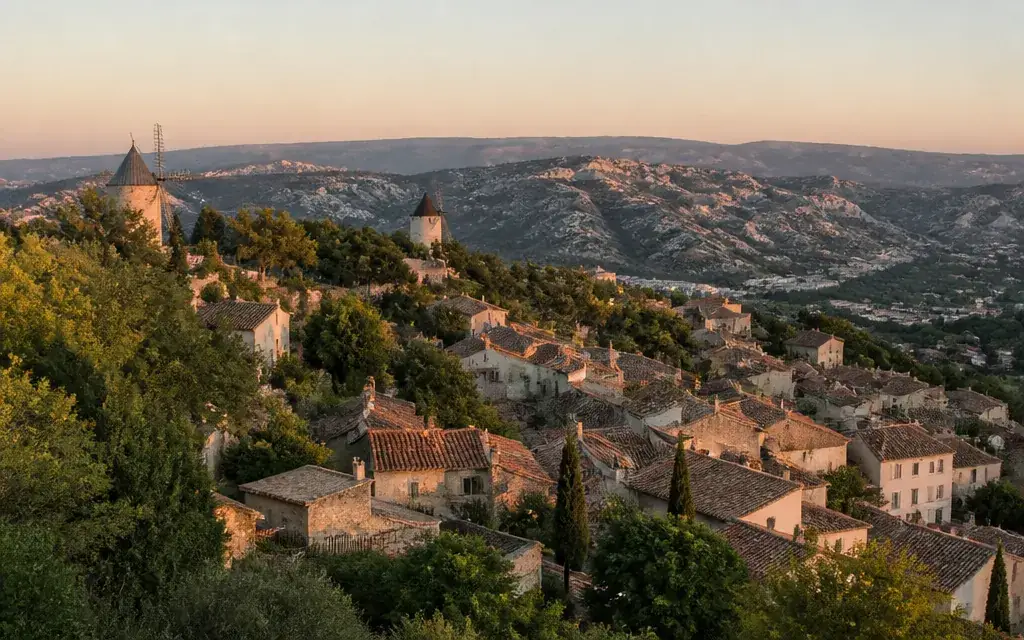 Village d’Allauch vu depuis les hauteurs, toitures en tuile, moulins, pins et collines calcaires