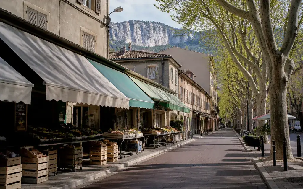 Rue commerçante d’Aubagne en matinée, devantures ouvertes, platanes, collines du Garlaban en arrière-plan