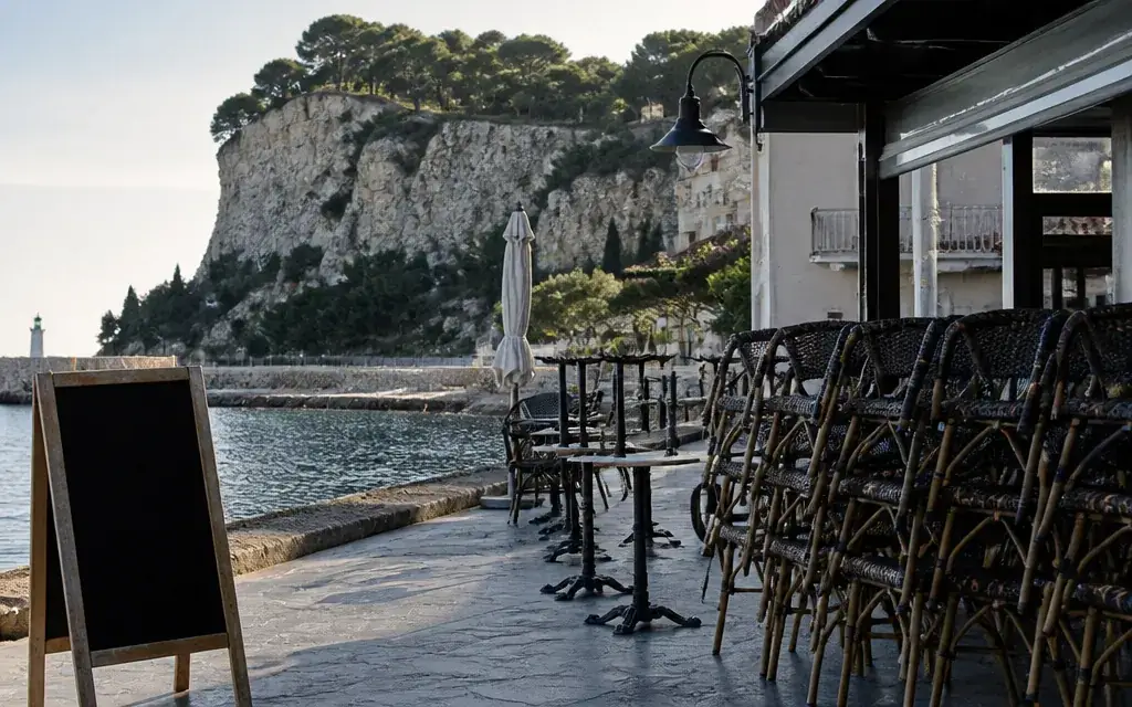 Terrasse de restaurant du port de Cassis avant le service, chaises encore empilées, ardoise vierge, falaise en…