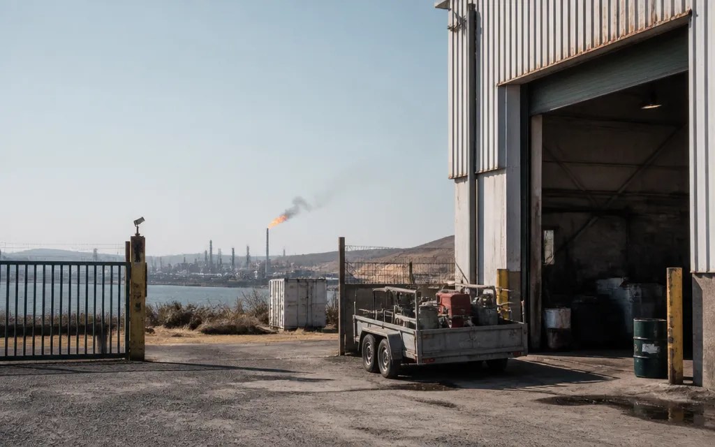 Atelier de maintenance industrielle près de l’étang de Berre, portail ouvert, remorque d’outillage, torchère…