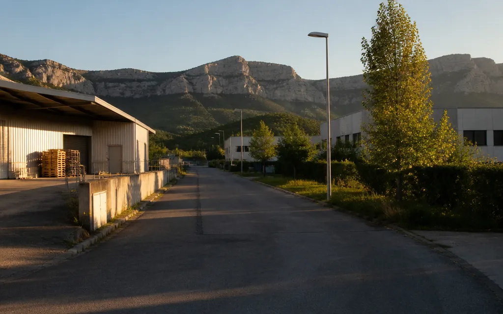 Allée du parc d’activités de Gémenos, bâtiments bas, quai technique, massif de la Sainte-Baume au fond