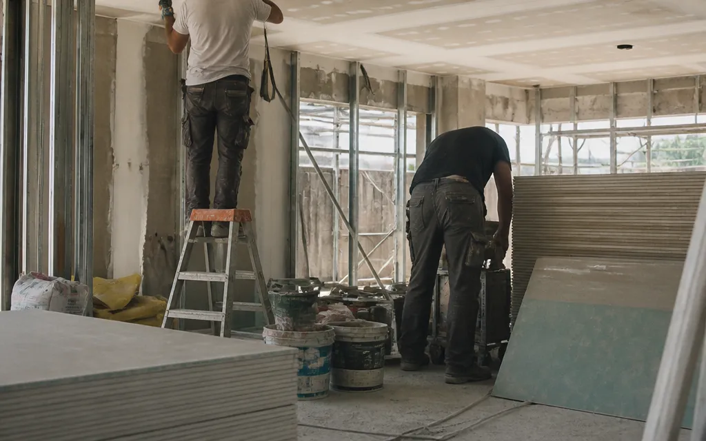 Chantier de second œuvre en cours à Marignane, échafaudage, matériaux stockés, gestes de travail vus de dos, aucun…