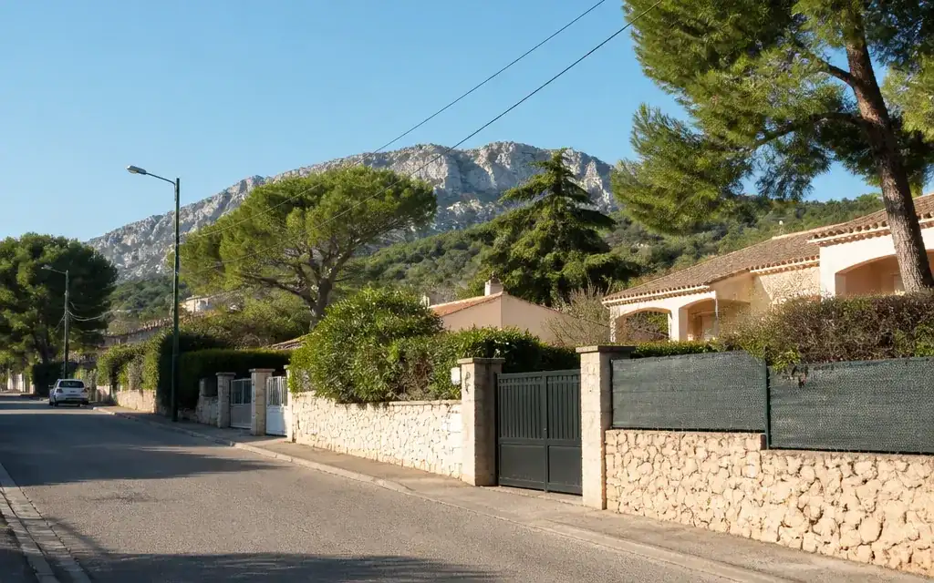Rue résidentielle de Plan-de-Cuques, maisons basses, murets de pierre, pins et versant du Garlaban au fond
