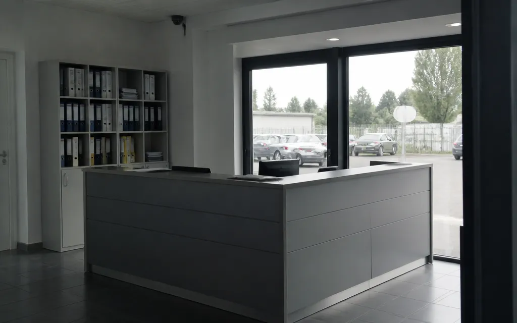 Petit local de services à Saint-Victoret, comptoir d’accueil, classeurs, fenêtre donnant sur un parking