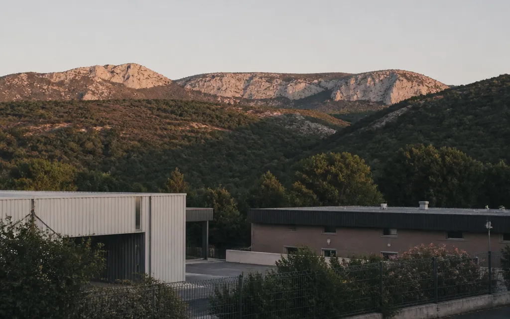 Zone d’activité de Septèmes-les-Vallons en fin de journée, hangars bas, vallon boisé et barre calcaire derrière