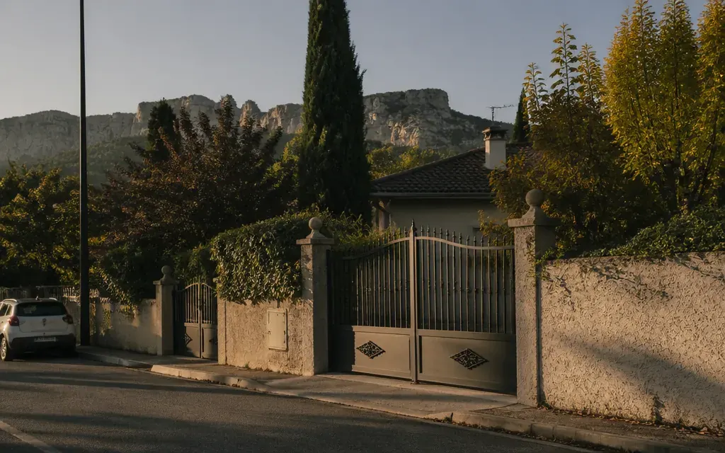 Rue résidentielle de Simiane-Collongue en fin d’après-midi, portails, cyprès, colline de l’Étoile en arrière-plan