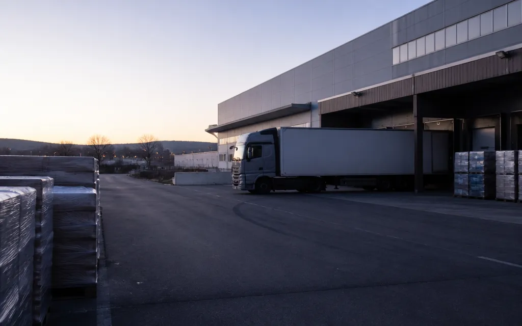 Zone d’activités de Vitrolles au petit matin, quai de chargement d’un entrepôt, un camion à quai, palettes filmées