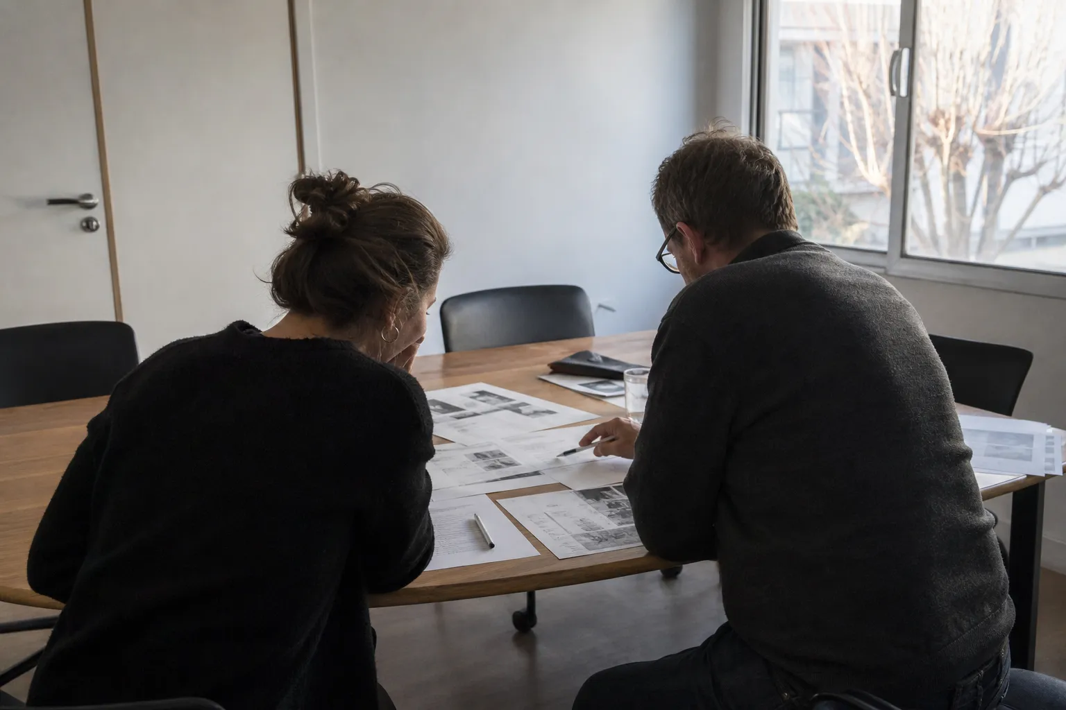 Salle de réunion sobre d’une PME, fin d’après-midi, lumière latérale