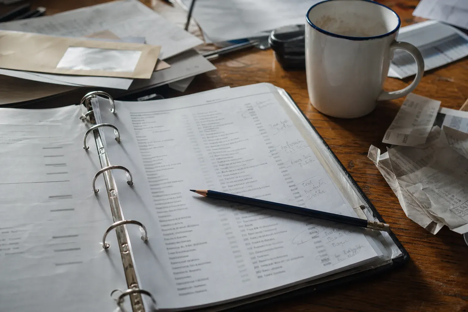 Plan serré, lumière naturelle rasante, sur un plan de travail encombré