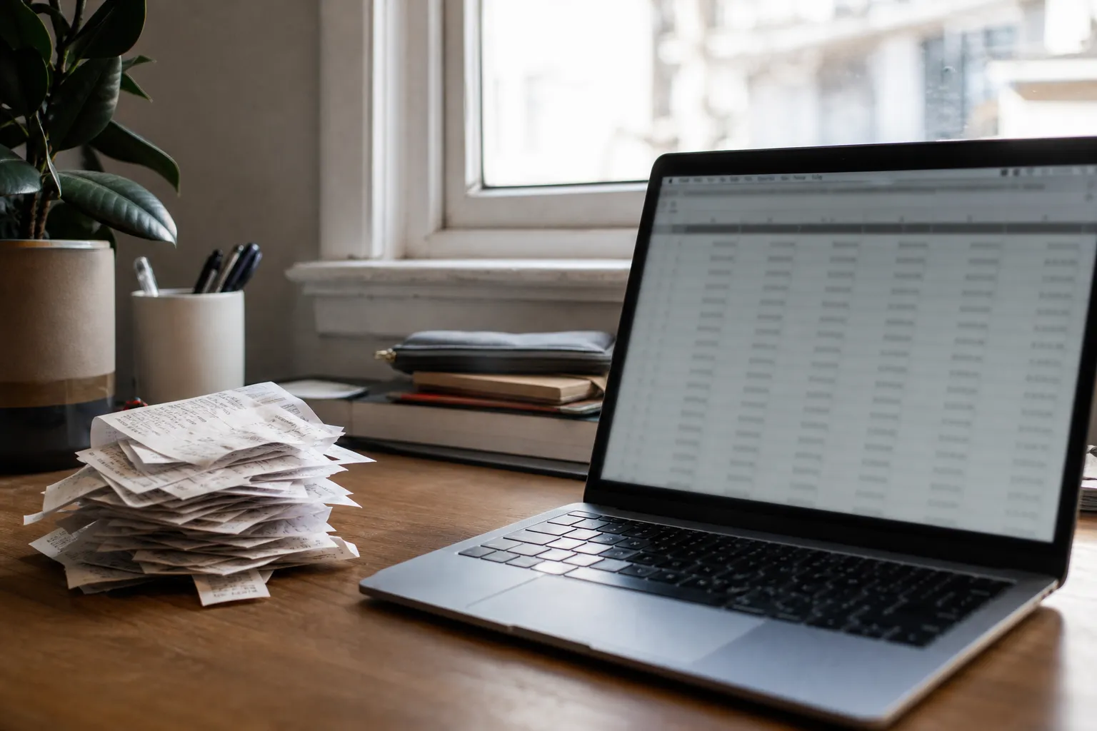 Coin de bureau chez un indépendant, ordinateur portable ouvert sur un tableur, pile de justificatifs papier à côté,…