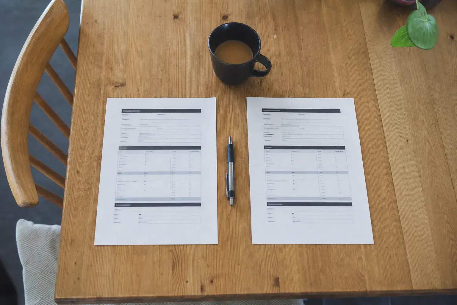 Table de cuisine ou de petit bureau, deux propositions imprimées côte à côte, stylo posé, tasse