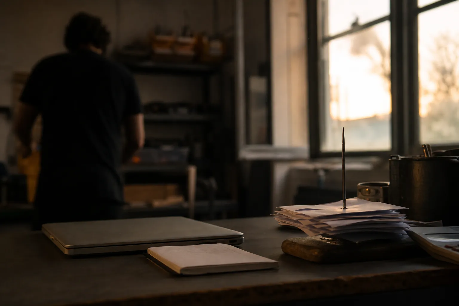 Atelier ou petit local professionnel en fin de journée, plan large mais serré sur l’angle bureau