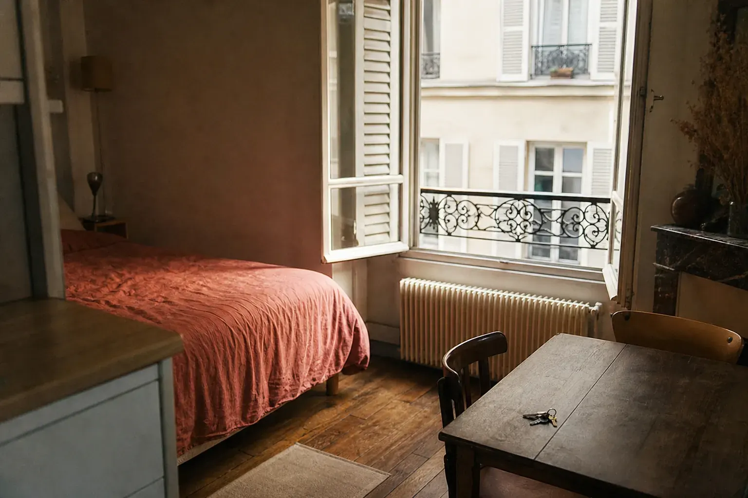 Intérieur d’un petit meublé de location, fin de matinée